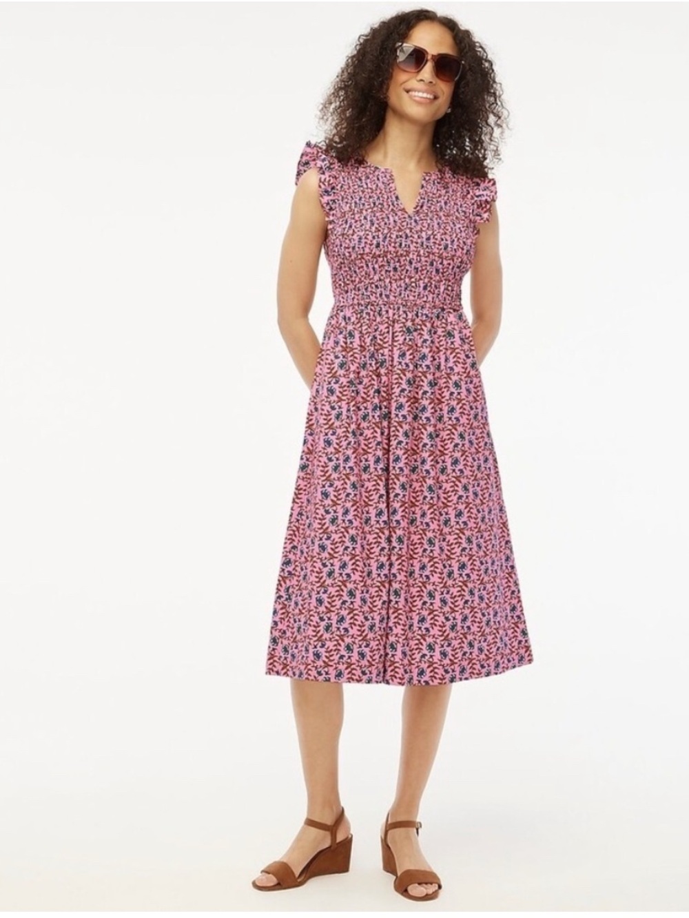 J. Crew Factory Pink Floral Smocked Flutter-Sleeve Midi Dress